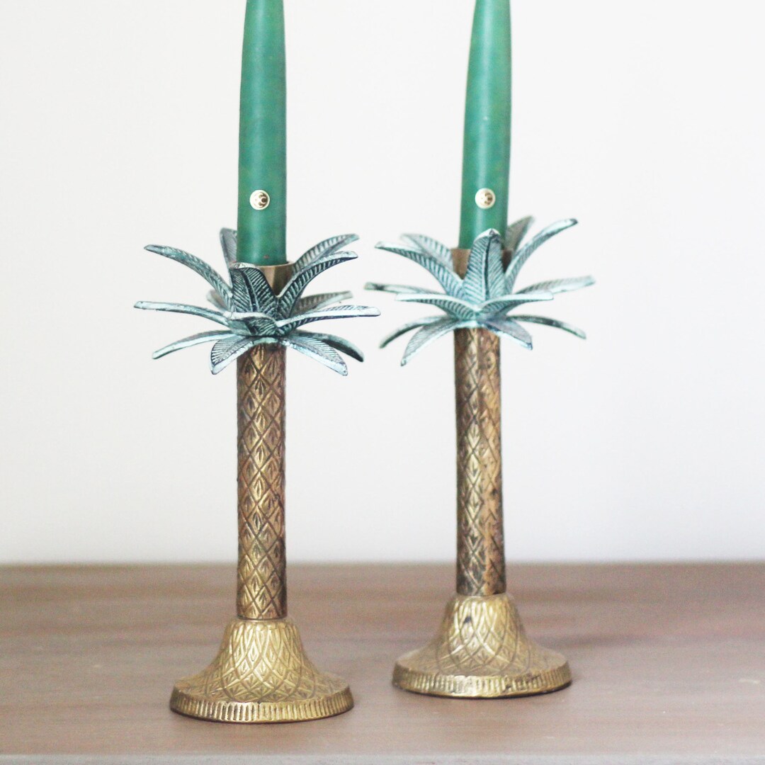 Vintage Brass Palm Tree Candlesticks Pair Heavy Brass Palm Tree Candle