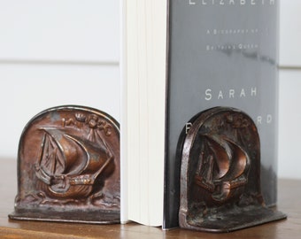 Vintage Cast Metal Ship Bookends w Bronze Finish - Pair Arts & Crafts Solid Metal Ship Bookends - Nautical Style Bookends Coastal Style