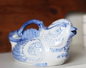 Vintage Blue and White Bird Pitcher - Blue and White Ceramic Chinese Phoenix Teapot Pitcher - Vintage Blue and White Pottery