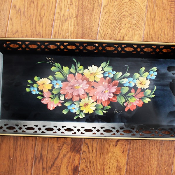 Vintage Toleware Tray - Black Handpainted Floral Tole Tray Toleware Tray - 22" Rectangular Toleware Serving Tabletop Tray