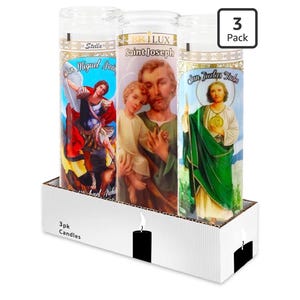 3 velas religiosas devocionales: San José, San Miguel y San Judas.