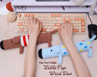 Patrón de ganchillo 2 en 1 para reposamuñecas de perrito, patrón para reposamuñecas de perro salchicha, patrón para reposamuñecas de perro, decoración de escritorio de oficina, patrón digital en PDF