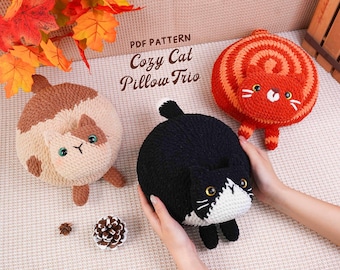 Paquete de patrones de ganchillo para cojines de gato acogedores, patrón de cojín de gato naranja, patrón de cojín de gato moteado, patrón de cojín de gato esmoquin, patrón en PDF