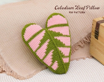 Patrón de ganchillo para cojín con forma de hoja de caladio, decoración del hogar a ganchillo, diseño de cojín hecho a mano, cojín sencillo a ganchillo, decoración acogedora para el hogar, patrón en PDF
