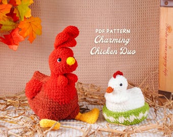 Charming Chicken Duo Crochet Patterns, Rooster Pattern, Nesting Chicken Pattern, Farm Animal Amigurumi Patterns, Chicken Plush DIY Tutorial