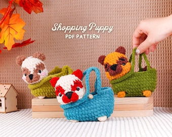 Patrón de crochet para cachorro de compras, patrón de crochet para amigurumi, tutorial de bricolaje de peluche de fantasía, patrón en PDF