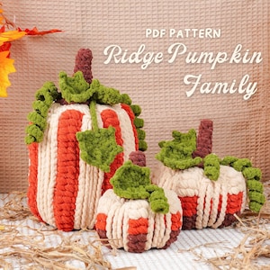 May include: Three handmade crochet pumpkins in varying sizes. The pumpkins are cream-colored with orange stripes and green leaves. The text "Ridge Pumpkin Family" is displayed on the image. The pumpkins are a fall-themed decoration.
