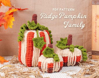 Paquete de patrones de crochet de la familia de calabazas Ridge: calabaza grande, calabaza mediana y calabaza pequeña.