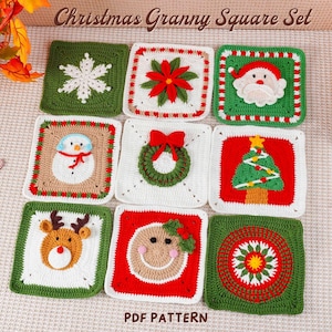 Puede incluir: Un conjunto de nueve cuadrados de ganchillo navideños. Cada cuadrado presenta un diseño festivo diferente, incluyendo un copo de nieve, una flor de pascua, Papá Noel, un muñeco de nieve, una corona, un árbol de Navidad, un reno, un hombre de jengibre y un patrón circular. El texto "Christmas Granny Square Set" y "PDF PATTERN" son visibles.