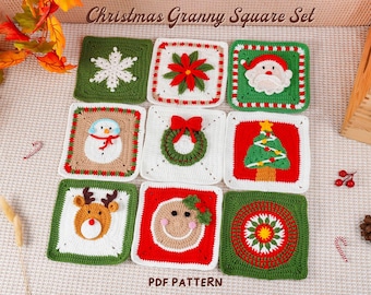 Patrones de crochet para el conjunto de cuadrados navideños de la abuela, posavasos festivos en PDF, tutorial de crochet navideño, idea de regalo de crochet