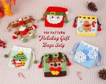 Vakantie cadeauzakjes set gehaakte patronen, patroon noel snoepzakje, patroon sneeuwvlokzakje, patroon zakje kerstman, patroon kerstboomzakje