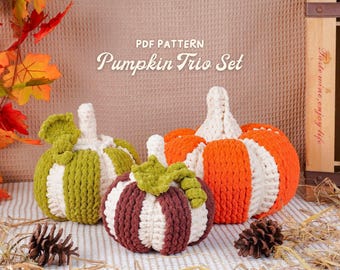 Patrones de crochet para trío de calabazas: calabaza grande, calabaza mediana, calabaza pequeña y patrones de crochet para Halloween.