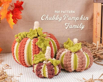 Paquete de patrones de crochet para la familia de calabazas regordetas: calabaza grande, calabaza mediana y calabaza pequeña.