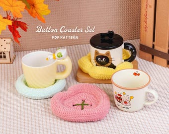 Paquete de patrones de posavasos de ganchillo con botones, patrón de posavasos con botones en forma de estrella, patrón de posavasos con botones redondos, patrón de posavasos con botones en forma de corazón, patrón en PDF.