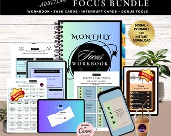 Adults Focus Workbook Bundle | Printable + Digital Task Cards, Interrupt Cards, Sound Guide & 30-Day Challenge