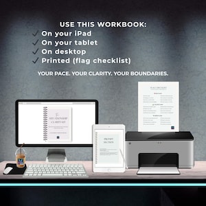 May include: A desktop setup featuring a computer monitor, tablet, and printer. The monitor displays a workbook titled "SituationShip Clarity Kit." The tablet shows "Prompt Section." A printed "Flag Checklist" is in the printer.