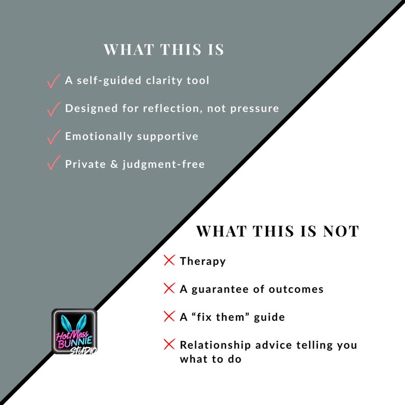 May include: An image with text that reads "WHAT THIS IS" followed by a list of positive attributes. The text also includes "WHAT THIS IS NOT" followed by a list of negative attributes. The Hot Mess Bunnie Studio logo is in the bottom left corner.
