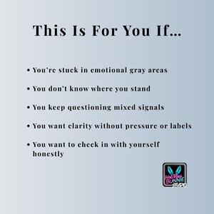 May include: A gradient blue image with white text that reads "This Is For You If..." followed by bullet points about emotional clarity. The image includes a logo for Hot Mess Bunnie Studio.