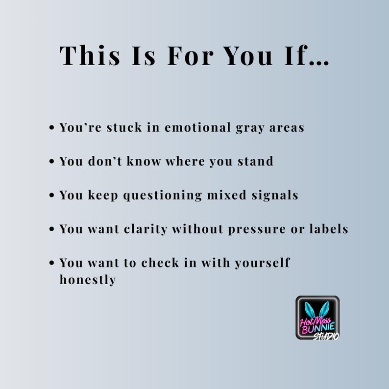 May include: A gradient blue image with white text that reads "This Is For You If..." followed by bullet points about emotional clarity. The image includes a logo for Hot Mess Bunnie Studio.