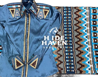 Western light blue show shirt and Same pad Saddle Blanket for horse Shows and Events . Saddle Blanket Show shirt