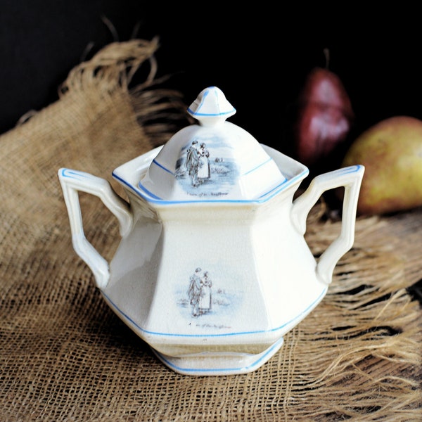 Antique Sugar Bowl and Lid / Sterling England 1800s / Blue Transferware Ironstone / Large Sugar Bowl