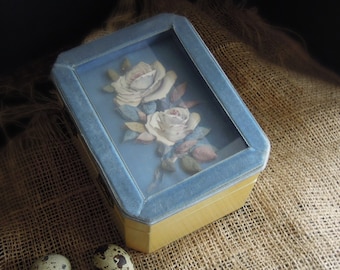 Vintage Blue and Yellow Shadow Flower Tole Box / Trinket Box / Cut Paper Flower Shadow Box  / Hinged Lid