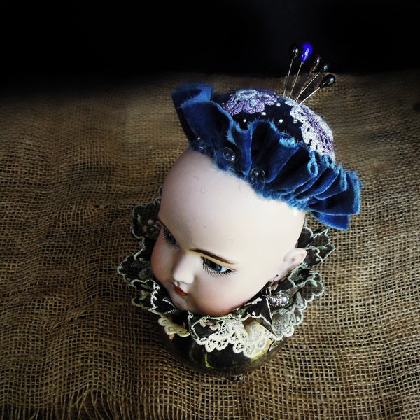 Antique Silver Sugar Pincushion Antique Victorian 1800's German Doll Head  / Hand Crafted / Sewing Accessories OOAK Pincushion