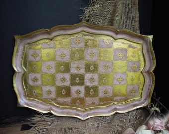 Vintage Italian Pink and Gold Diamond & Square Gilt Florentine Tole Tray / Wood Tray / Vanity Tray