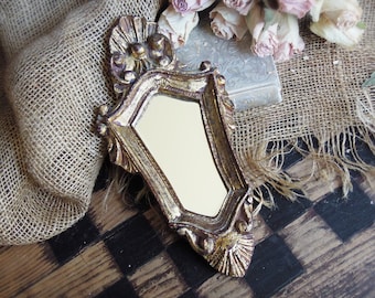 Vintage Small Italian Florentine Wood Gold Gilt Mirror / Hand Carved Wood Frame Made in Italy
