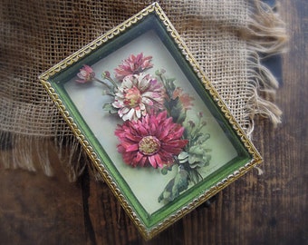 Vintage Shadow Flower Tole Box / Trinket Box / Cut Paper Flower Shadow Box  / Hinged Lid