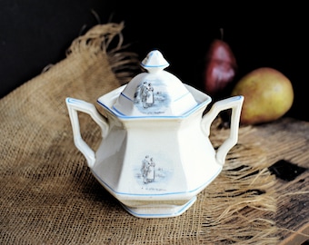 Antique Sugar Bowl and Lid / Sterling England 1800s / Blue Transferware Ironstone / Large Sugar Bowl