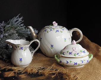 Vintage Herend Teapot Set Blue Garland with Pink Lemon / Vintage Tea Pot Creamer & Sugar Tureen / Pink Ribbon for Breast Cancer