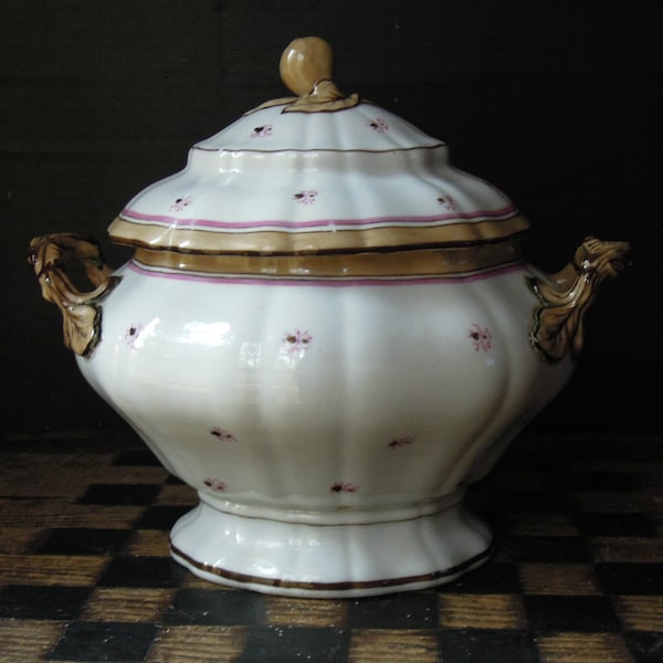 Antique 1800's Ironstone Covered Tureen / Casserole / Ironware Soup Tureen Hand Painted