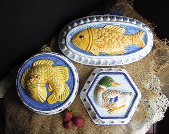Three Vintage Ceramic Pottery Molds Jello Moulds / Butter Mold Aspic Pudding Mold / Italian or Sigma Wall Decor