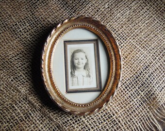 Vintage  Small Oval Italian Gold Gilt Frame / Custom Framed with Double Mat / Photo of Young Girl