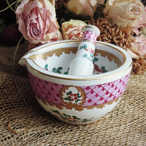 Vintage French Mortar & Pestle / Apothecary White and Pink Porcelain Mortar and Pestle / Herbs Cooking / Limoges Hand Painted