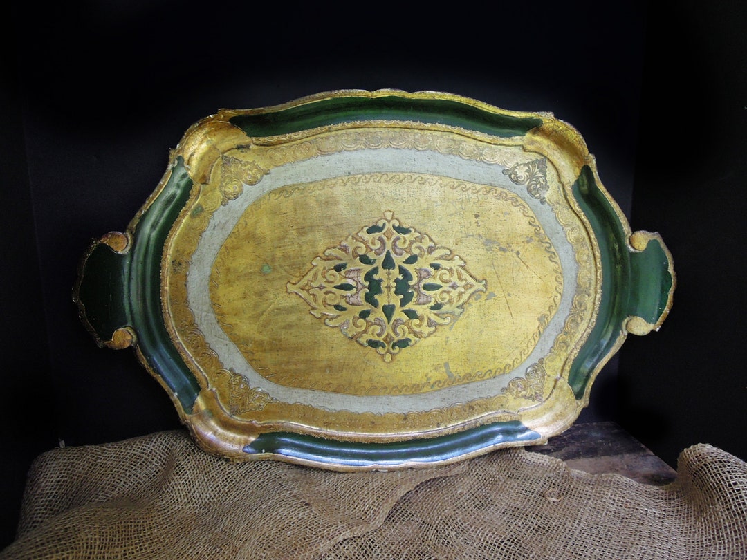 Vintage Italian Florentine Wood Tray in Blue-green White and Gold Gilt ...