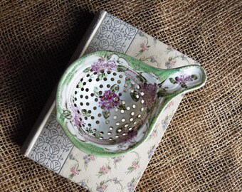 Vintage Antique English White Porcelain Pink Roses Tea Strainer / Hand Tea Infuser