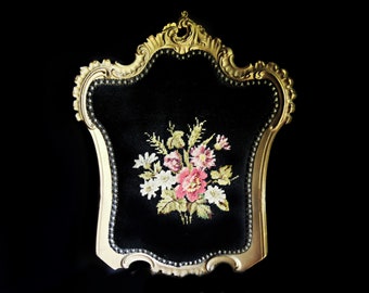 24.75" Antique Needlepoint Wall Hanging 1800s Chair Back Salvaged Repurpose Wall Decor Gold Frame