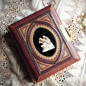 May include: A vintage, rectangular, burgundy leather-bound book with gold trim and a central oval cameo. The cameo features a white relief sculpture against a black background. A gold metal plate is on the right side.