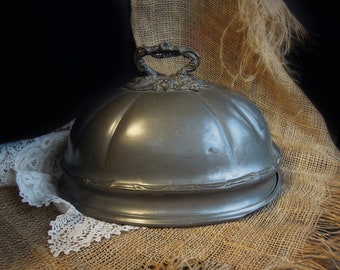 Antique Pewter Meat Dome Cover / England Large Lid Hotel Serving / Metal Cloche / Holiday Dinner Plate Dome /  Sheffield