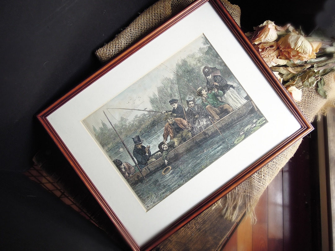Antique 1871 Wood Engraving Art Henry Woods Punt Fishing Thames River ...