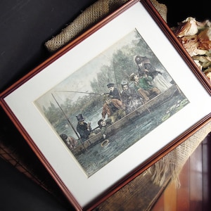 Antique 1871 Wood Engraving Art Henry Woods Punt Fishing Thames River England / Colored Lithograph Print