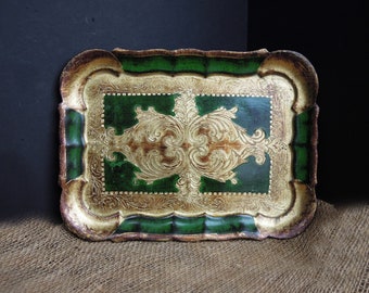 Vintage Italian Green and Gold Gilt Florentine Wood Tole Tray / Wood Tray a Touch of Burnt Umber