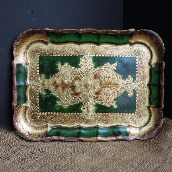 Vintage Italian Green and Gold Gilt Florentine Wood Tole Tray / Wood Tray a Touch of Burnt Umber