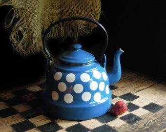 Antique Teapot European Blue with White Spotted Rustic Farmhouse Enamel Tea Pot / Farmhouse Decor