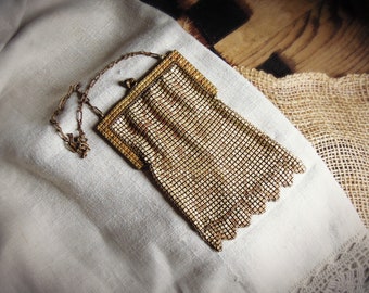 Antique Golden & Brown Metal Mesh Coin Purse Wristlet / Chain Reticule Handbag