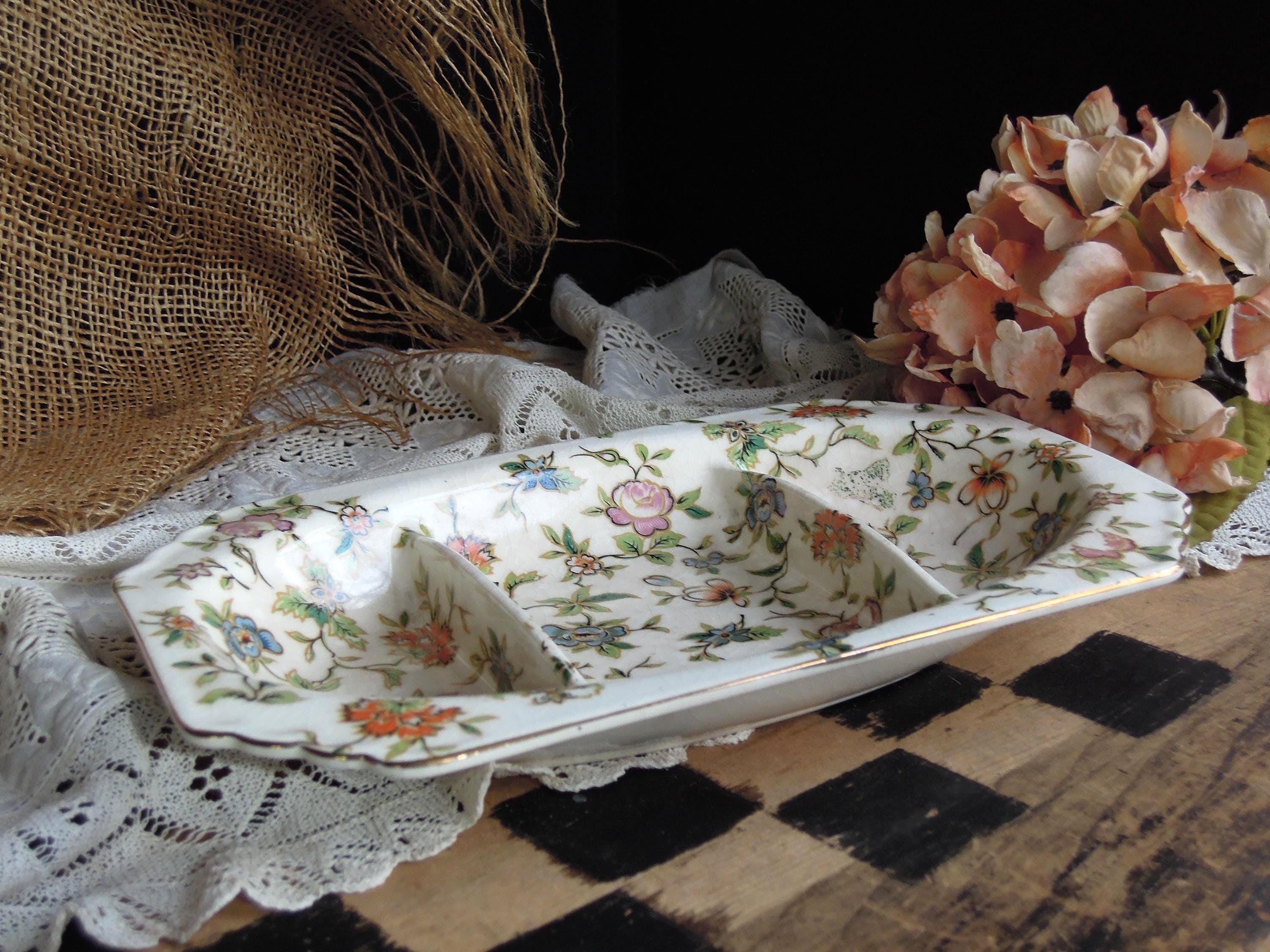 食器 sold Vintage Chintz Divided Serving Bowl / Japan Floral Pattern Gold