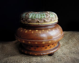 Antique Victorian Wood Pincushion / Pincushion Caddy Collectible Sewing / Antique Brocade Trim / Inlaid Wood