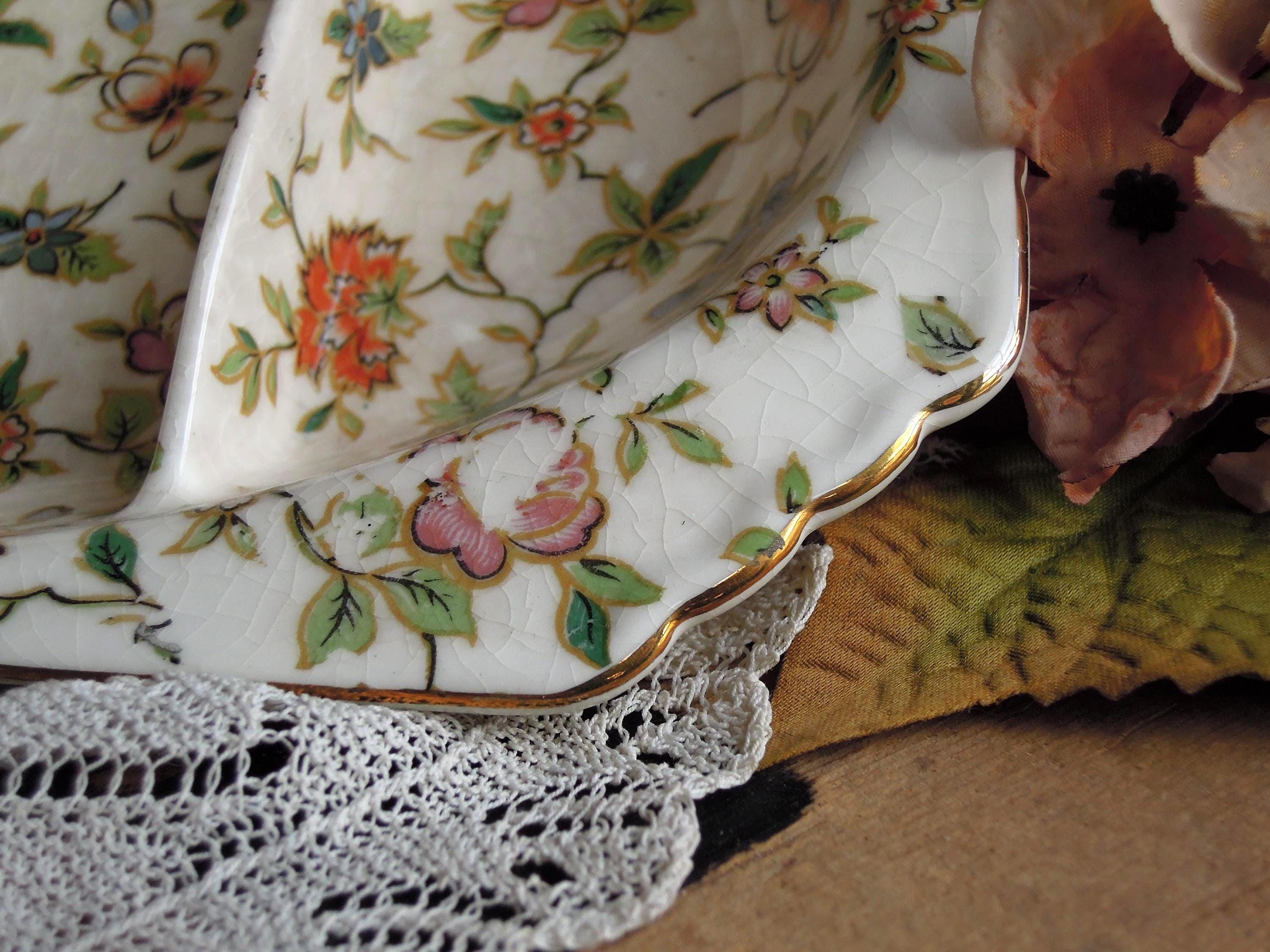Vintage Chintz Divided Serving Bowl / Japan Floral Pattern Gold